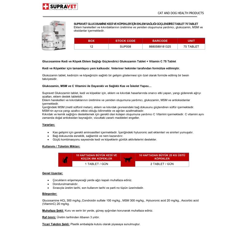 Supravet Glucosamine Kedi Ve Köpek Eklem Sağlığı Güçlendirici Glukozamin Tablet + Vitamin C 75 Tablet