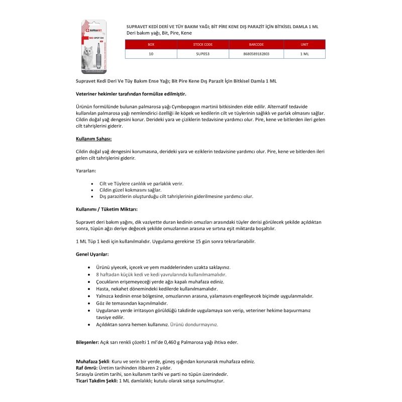 Supravet Kedi Deri Ve Tüy Bakım Yağı; Bit Pire Kene Dış Parazit Uzaklaştırıcı 1 ML