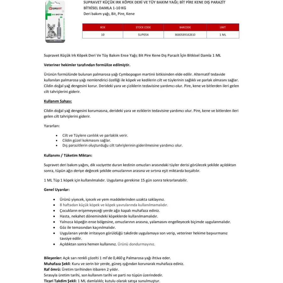 Supravet Küçük Irk Köpek Deri Ve Tüy Bakım Ense Yağı; Bit Pire Kene Dış Parazit Bitkisel Damla 1 ML