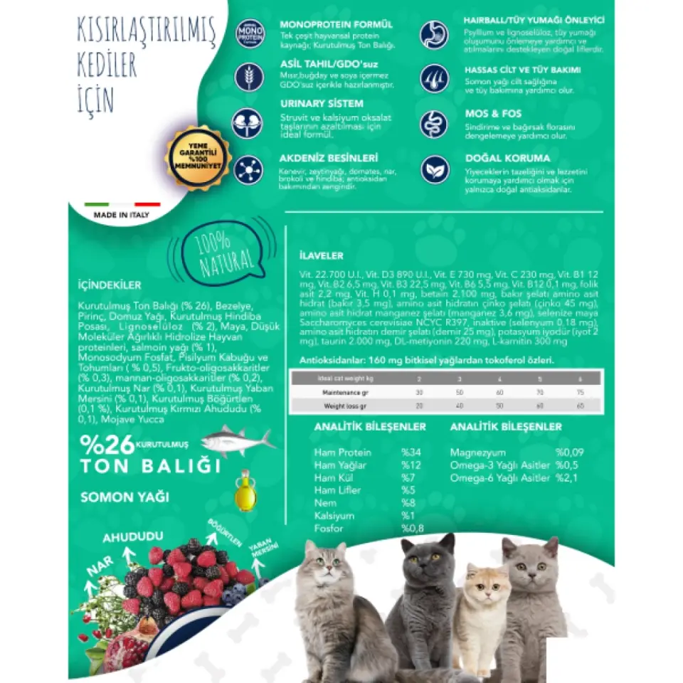 Exclusion Monoprotein Ton Balıklı ve Narlı Düşük Tahıllı Kısırlaştırılmış Kedi Maması 12kg