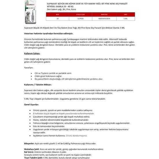 Supravet Büyük Irk Köpek Deri ve Tüy Bakım Yağı; Bit, Pire, Kene Dış Parazit Ense Damlası 20-40 kg (5 ml)