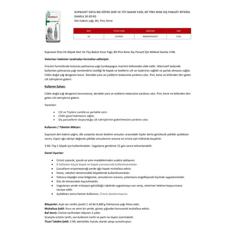 Supravet Orta Irk Köpek Deri Ve Tüy Bakım Ense Yağı; Bit Pire Kene Dış Parazit Bitkisel Damla 3 ML