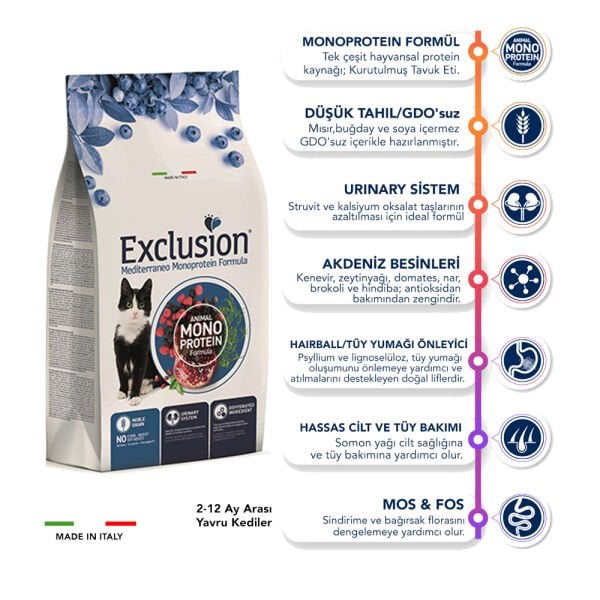 Exclusion Monoprotein Tavuklu Narlı ve Yaban Mersinli Düşük Tahıllı Yavru Kedi Maması 12kg