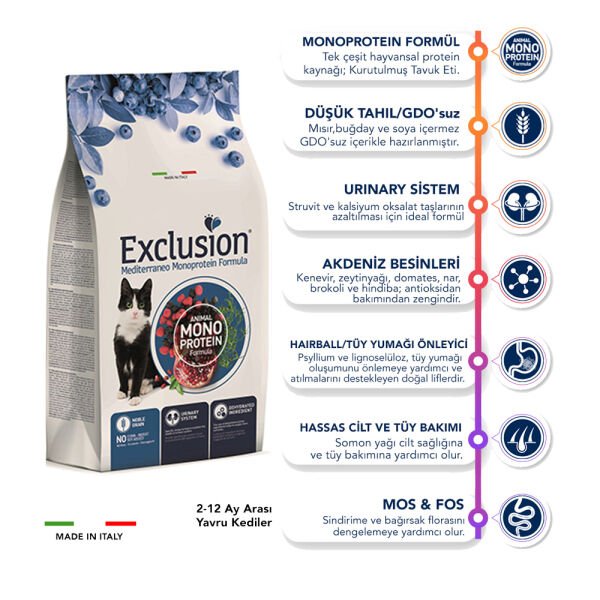 Exclusion Monoprotein Tavuklu Narlı ve Yaban Mersinli Düşük Tahıllı Yavru Kedi Maması 12kg