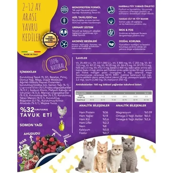 Exclusion Monoprotein Tavuklu Narlı ve Yaban Mersinli Düşük Tahıllı Yavru Kedi Maması 12kg