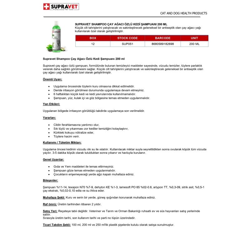Supravet Shampoo Çay Ağacı Özlü Kedi Şampuanı 200 ml