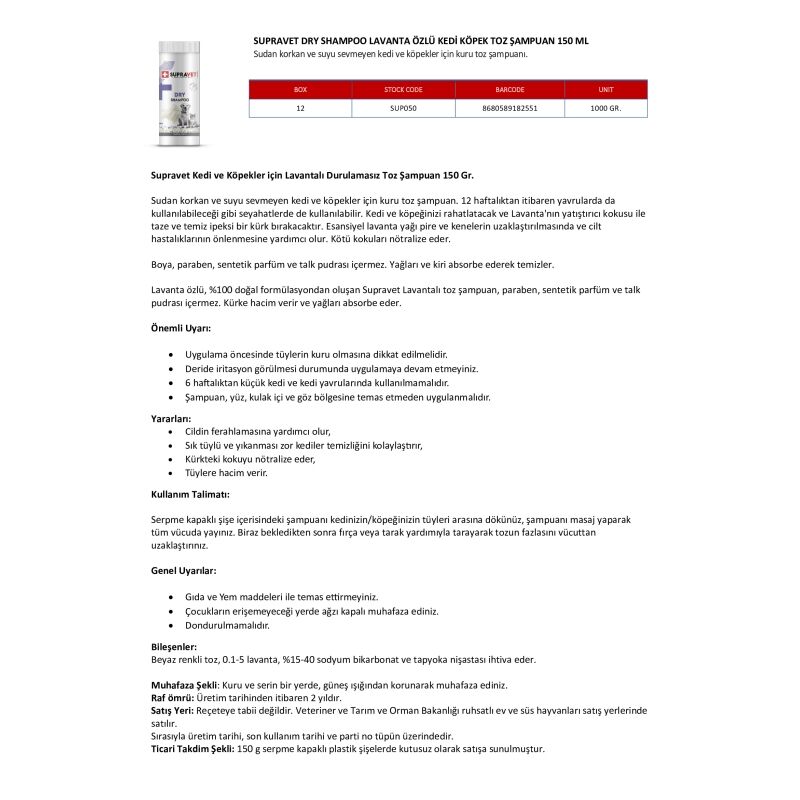 Supravet Dry Shampoo Lavanta Özlü Kedi Köpek Toz Şampuan 150 ml