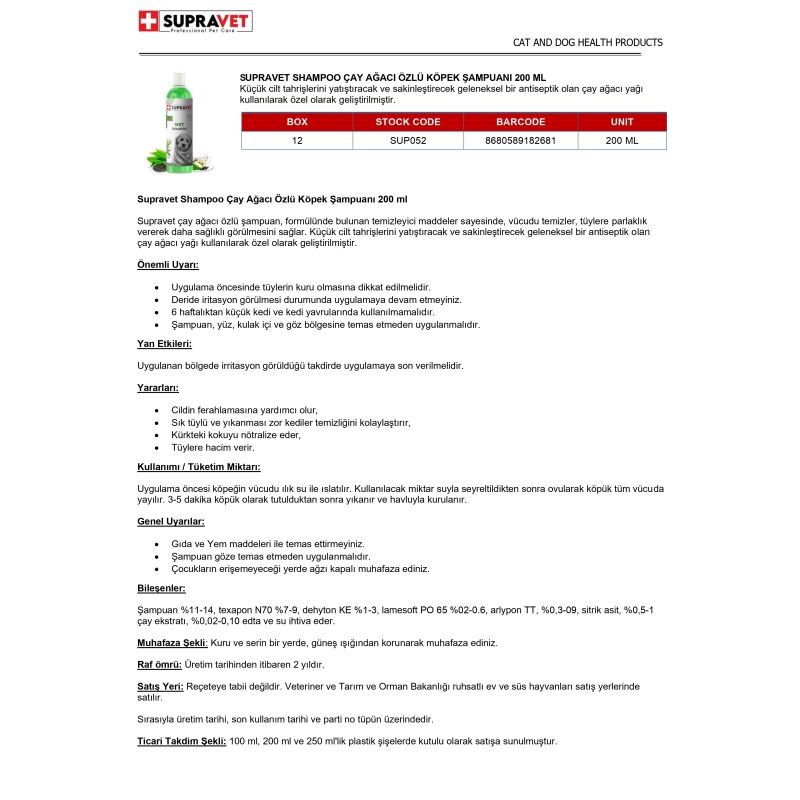 Supravet Shampoo Çay Ağacı Özlü Köpek Şampuanı 200 ml