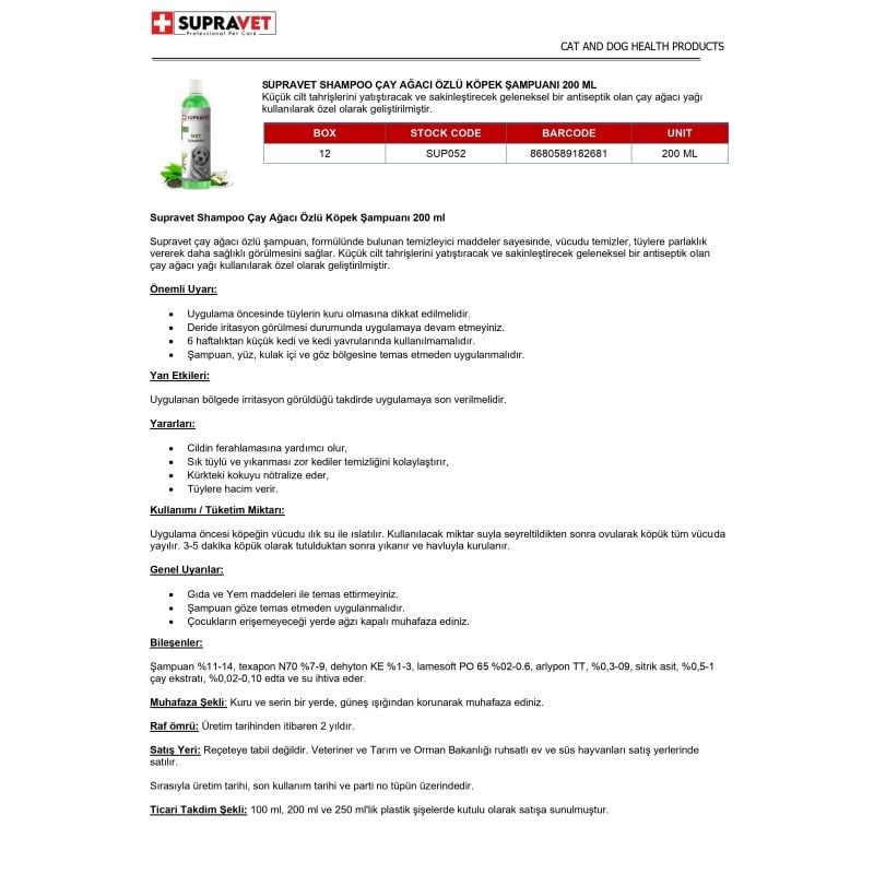 Supravet Shampoo Çay Ağacı Özlü Köpek Şampuanı 200 ml
